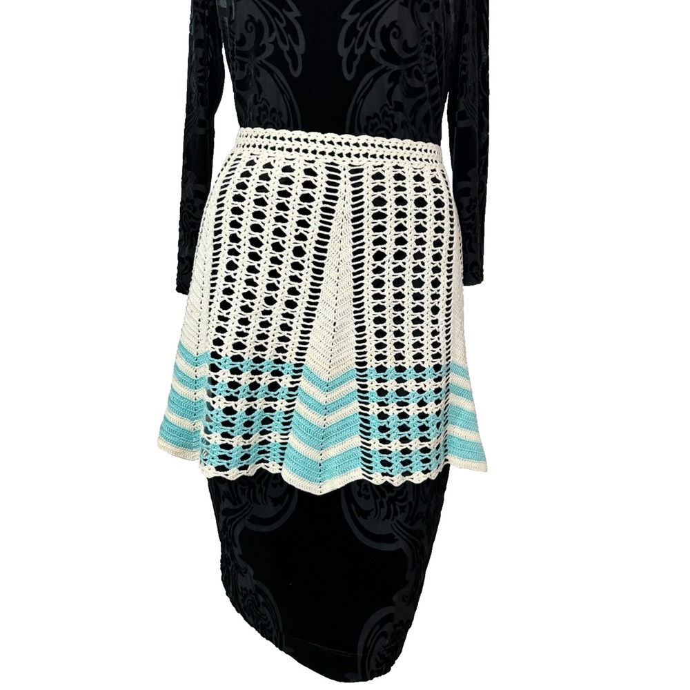 Vintage 1960s Hand Crochet Half Apron S White Teal Chevron Stripe Hostess Retro